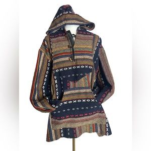 Boho Rug Hoodie Pull Over Jacket, Unisex Sz Large, 1/4 Button Up Wooden Buttons